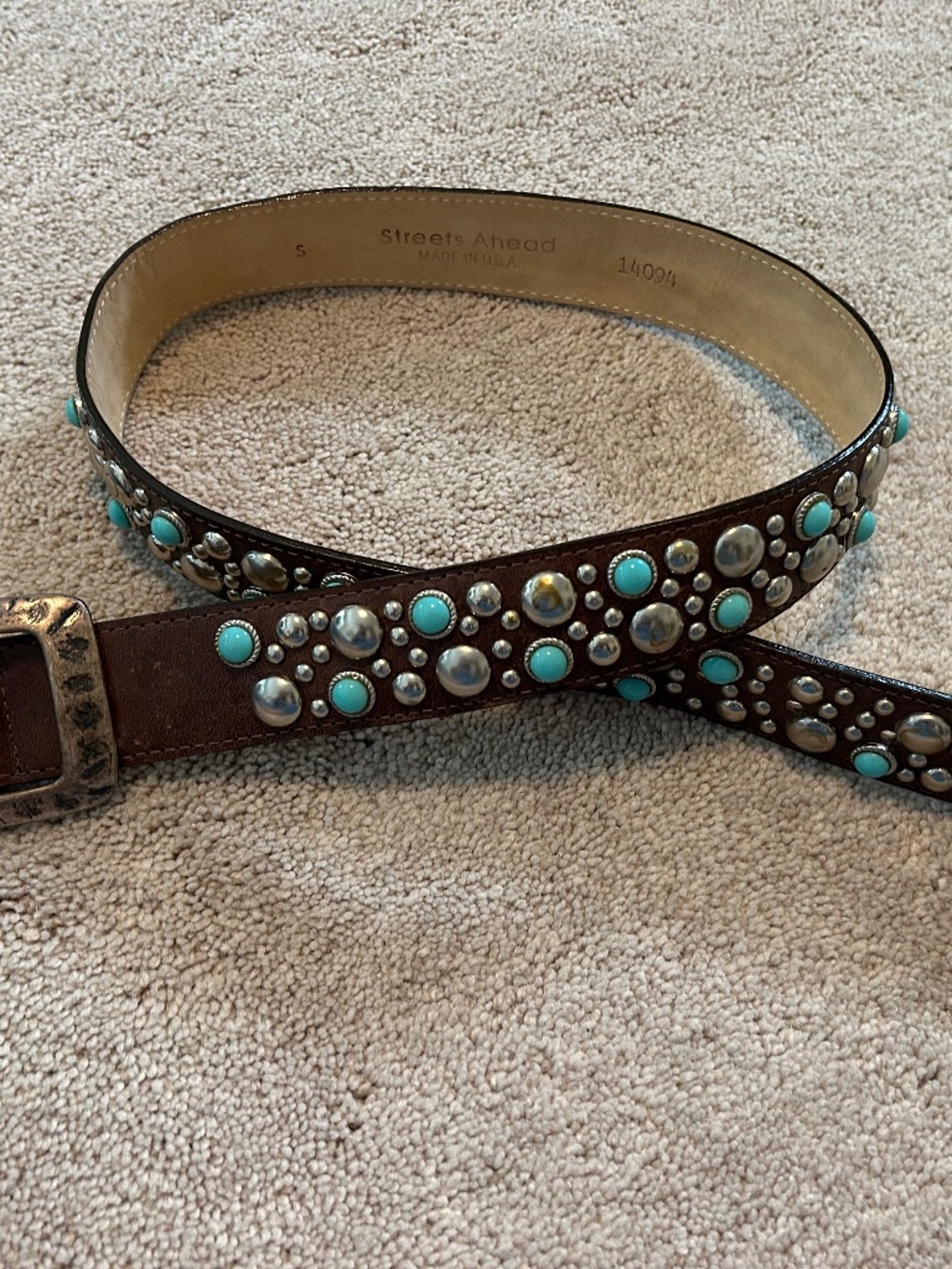 Streets Ahead Studded Belt brown leather with turquoise and silver small